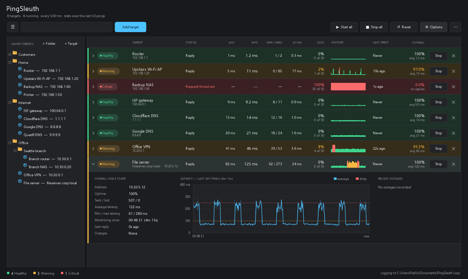 PingSleuth in dark mode pinging eight targets, with the File server row expanded to show its latency chart.