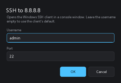 The SSH dialog asking for a username and port.